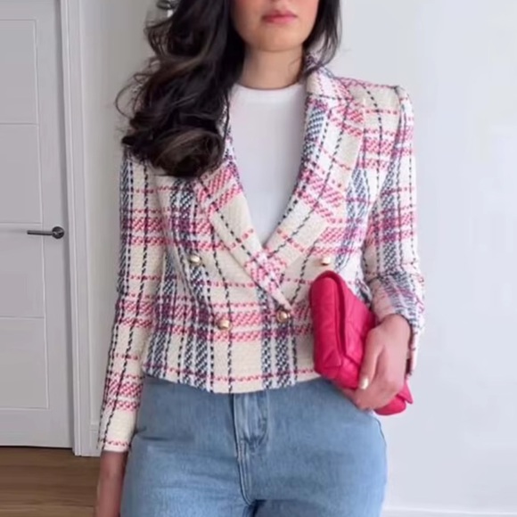 Zara Blogger Favorite Double Breasted Tweed Cropped Blazer Jacket - Picture 2 of 5